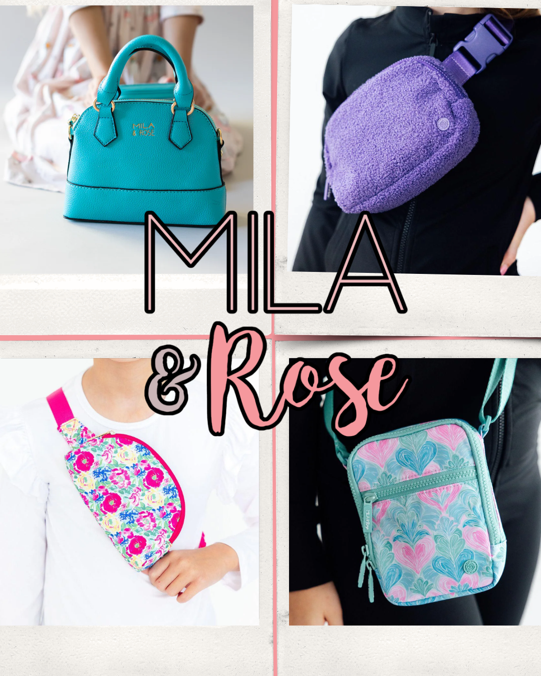 Collage of Mila & Rose girls' bags including a teal handbag, purple fuzzy belt bag, floral fanny pack, and heart crossbody.