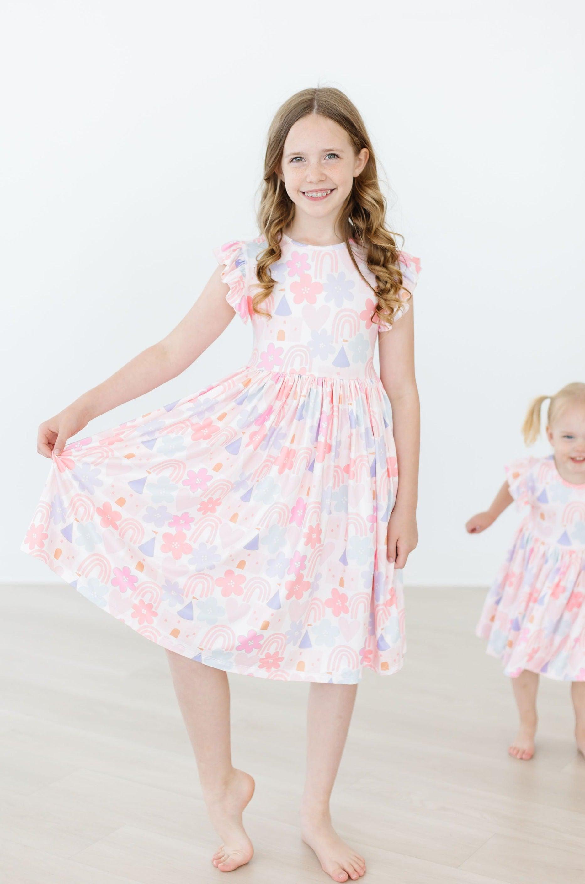 Castles & Rainbows Flutter Sleeve Twirl Dress-Mila & Rose ®