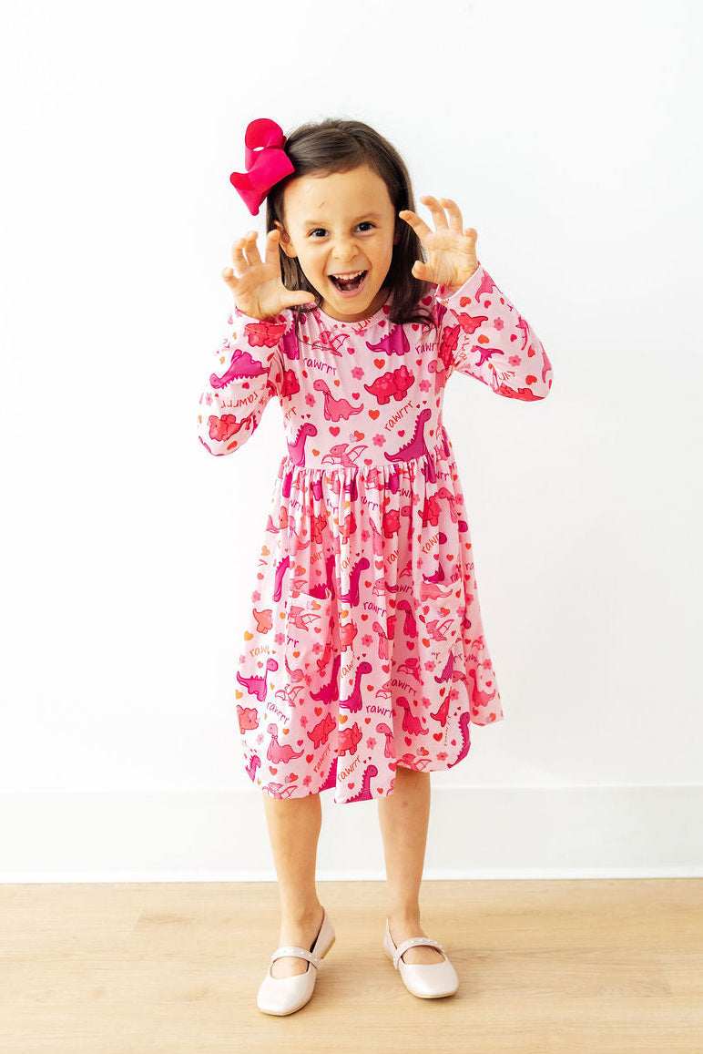 (L) Dino Kisses 3/4 Sleeve Pocket Twirl Dress-Mila & Rose ®