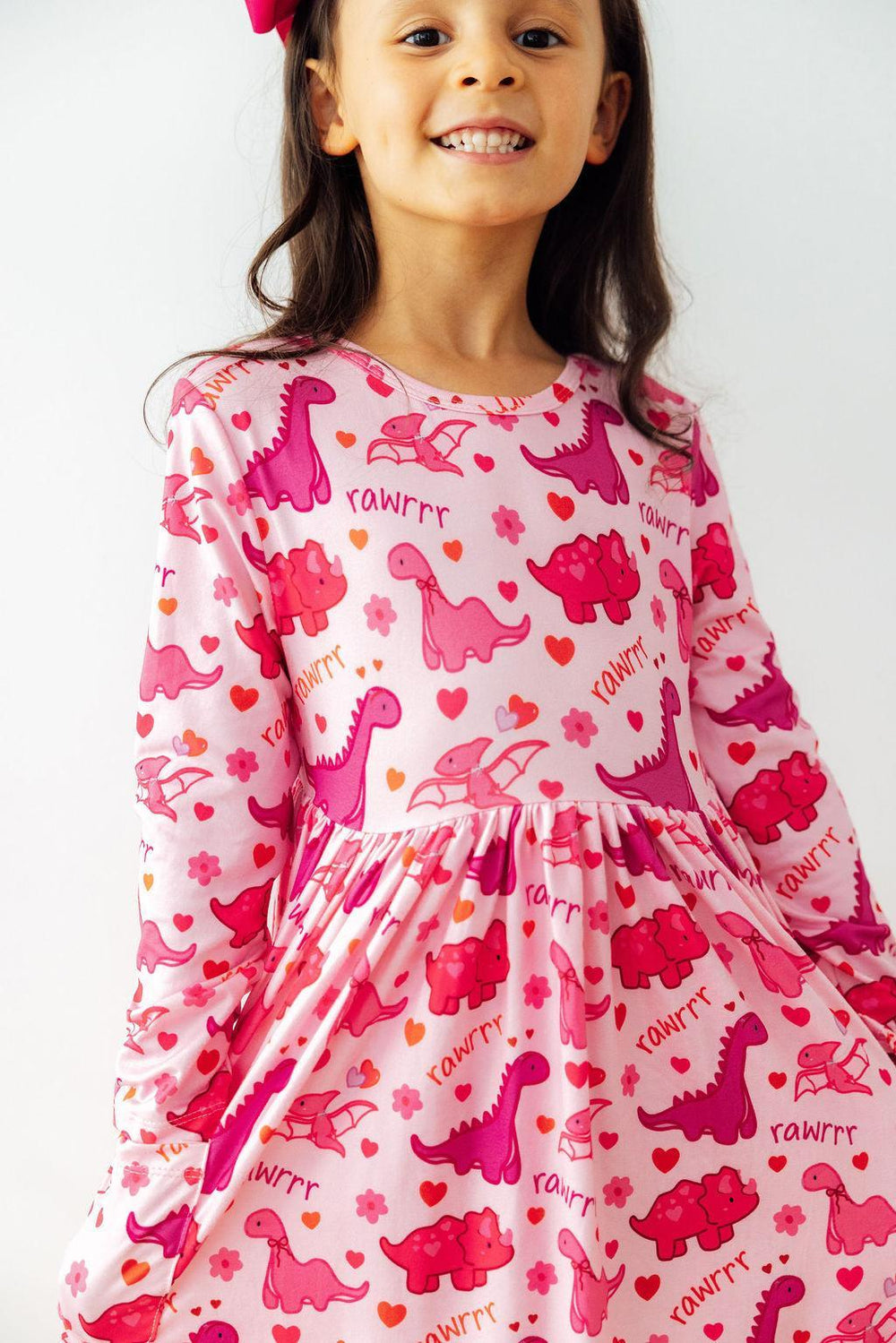 (L) Dino Kisses 3/4 Sleeve Pocket Twirl Dress-Mila & Rose ®