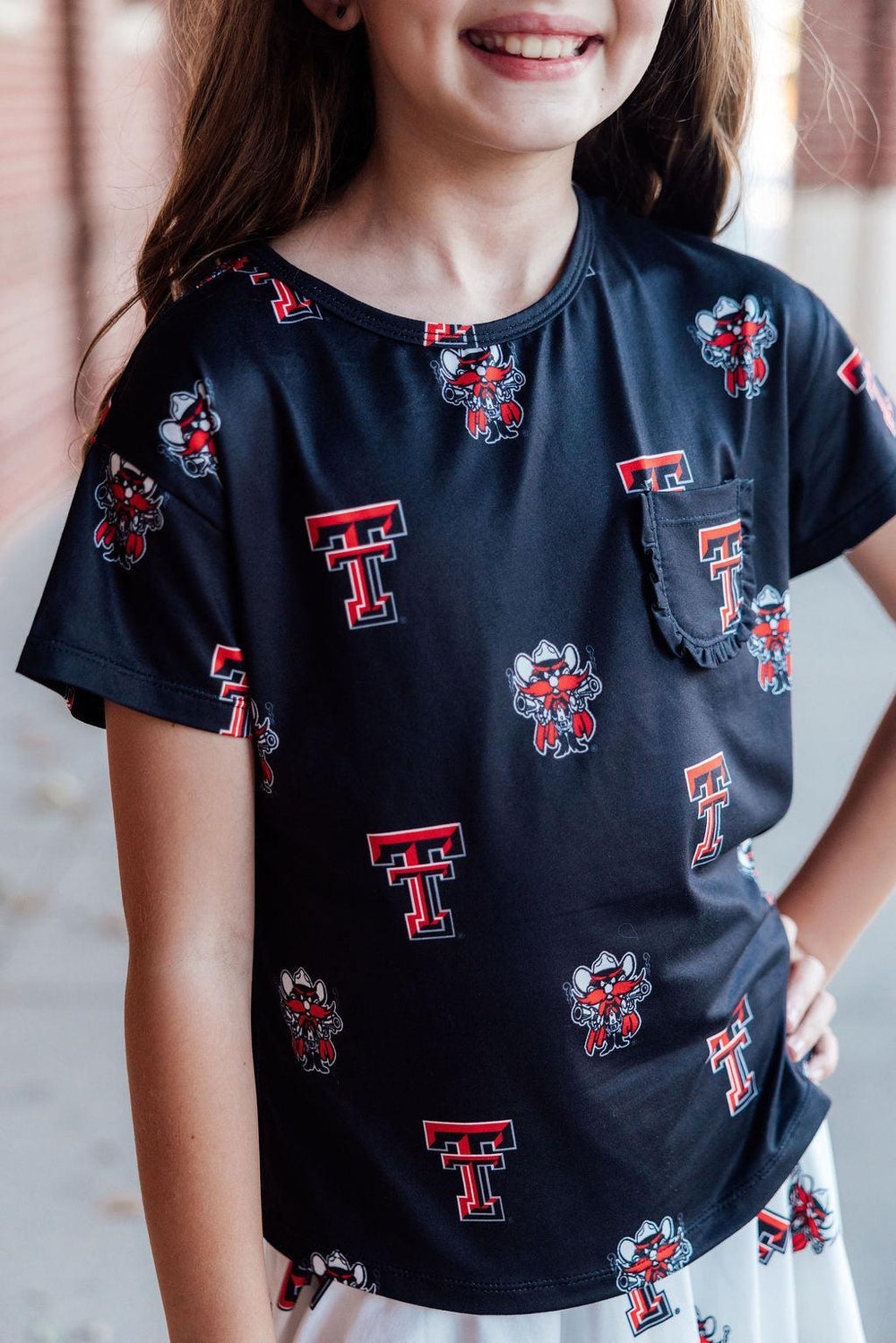 Texas Tech Black Raider Red Ruffle Pocket Tee-Mila & Rose ®