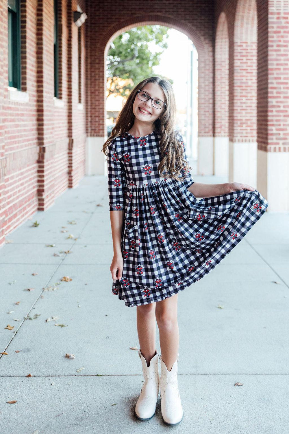 Texas Tech Plaid Raider Red 3/4 Sleeve Pocket Twirl Dress-Mila & Rose ®