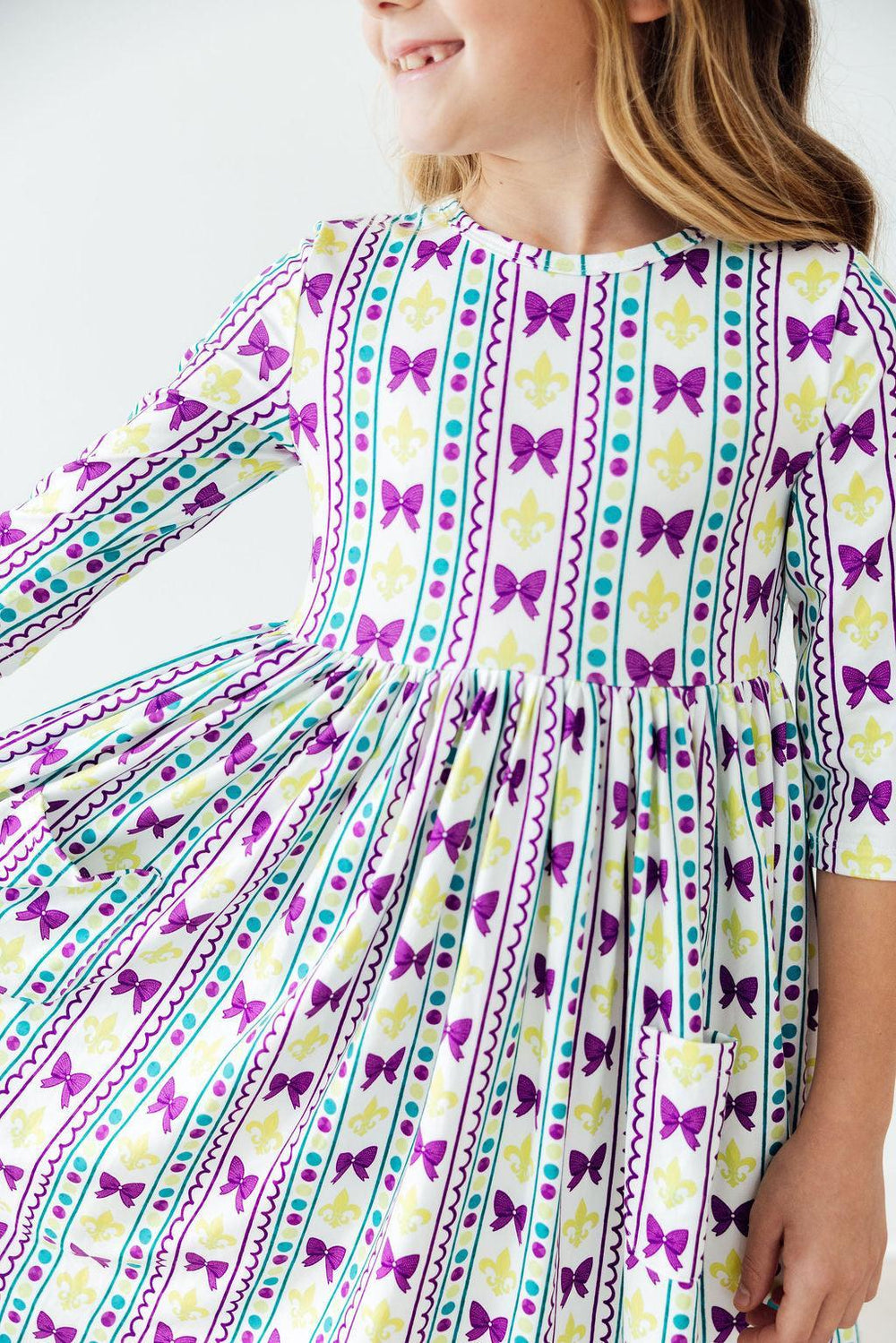 Mardi Gras 3/4 Sleeve Pocket Twirl Dress-Mila & Rose ®