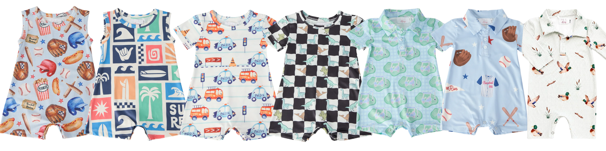 Assorted boys' rompers featuring playful prints like baseball, surf, police cars, dinosaurs, golf, and mallard ducks.