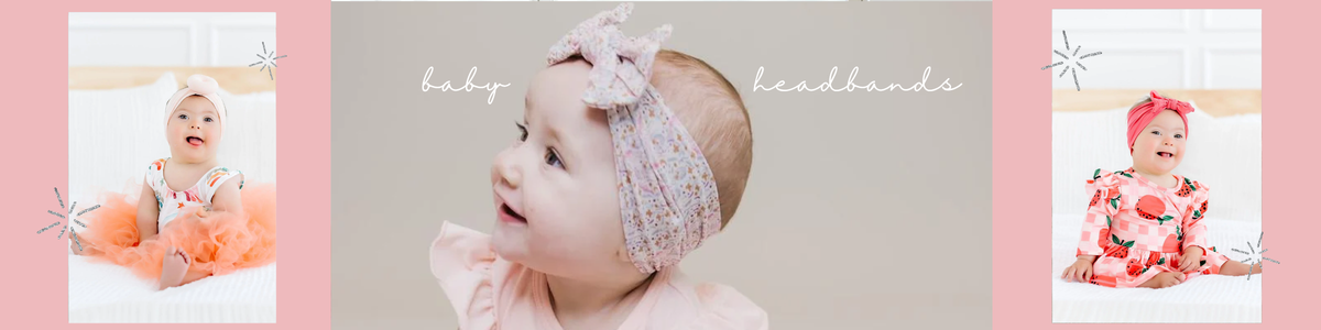 Babies wearing soft, patterned fabric headbands with cute bows in a bright, cheerful collection.