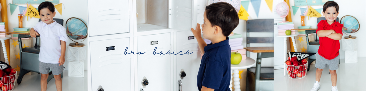 Young boys wearing classic polo shirts and shorts posing in a school-themed setting with white lockers and colorful decor.