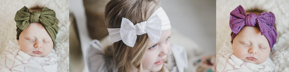 Babies and a young girl wearing soft, textured cable knit headbands with decorative bows in olive, white, and purple.