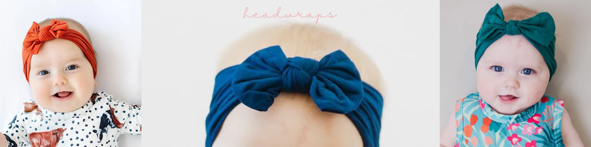 Babies wearing soft, stretchy nylon headwraps featuring decorative bows in vibrant solid colors.