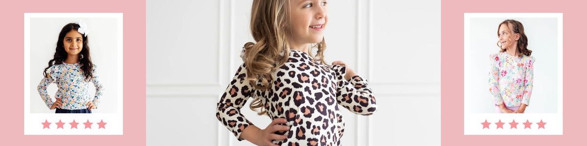 Young girls wearing stylish long sleeve tees with floral and leopard print patterns and ruffled shoulder details.