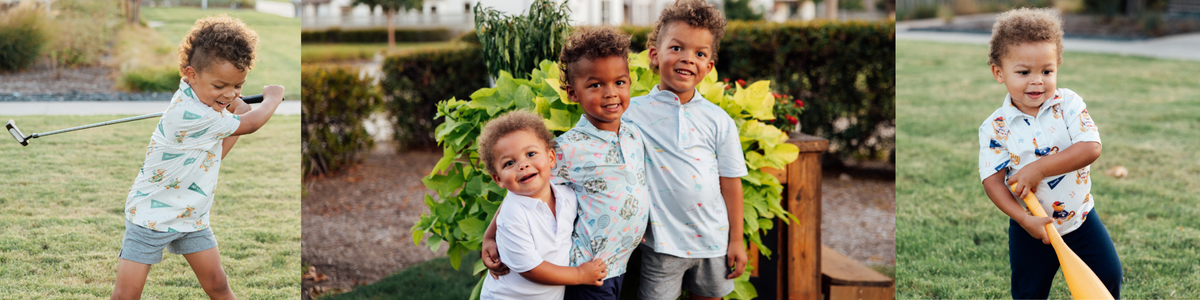 Three young boys wearing stylish, patterned polo shirts and comfortable tees while playing outdoors.