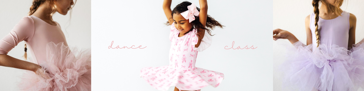 Young dancers in pastel leotards and fluffy tulle skirts posing in a playful dance collection.