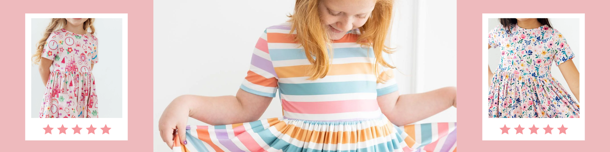 Girls wearing colorful short sleeve twirl dresses with striped, floral, and whimsical princess prints.