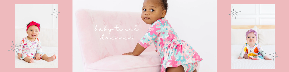 Three baby girls wearing colorful, patterned twirl dresses with soft floral and playful prints on a pink background.