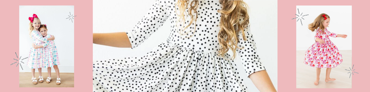 Girls wearing 3/4 sleeve twirl dresses in polka dot and floral prints with full, flared skirts.