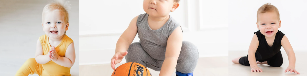 Happy babies wearing comfortable, sleeveless cotton tank one-piece joggers in yellow, grey, and black.