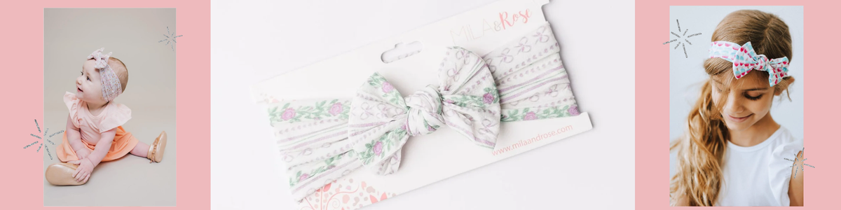 Soft, stretchy nylon headwraps featuring floral and patterned prints, modeled by a baby and a young girl.