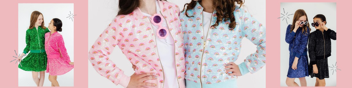 Girls wearing vibrant sequin bomber jackets in rainbow, green, pink, blue, and black styles.