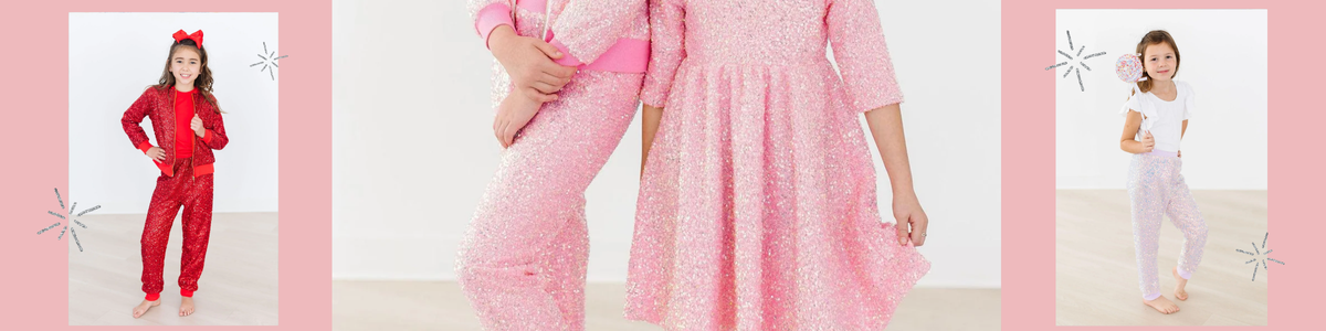 Girls wearing sparkling pink and red sequin joggers and matching dresses for a fun, festive look.