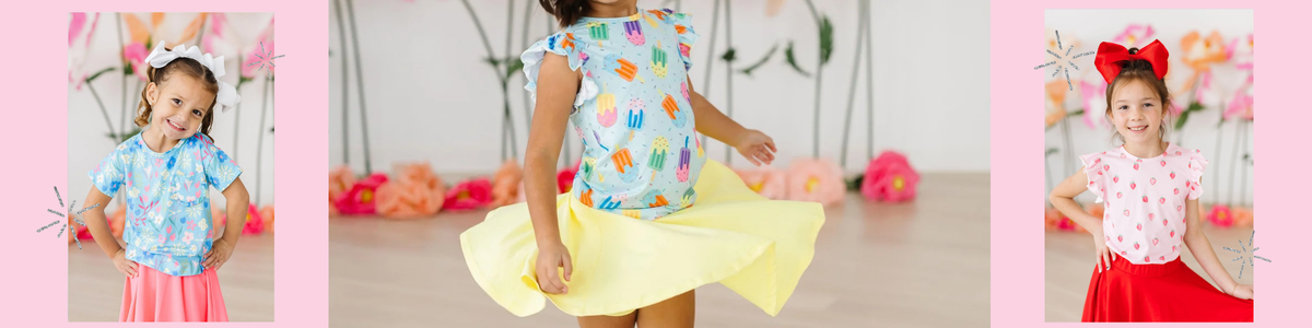 Girls wearing colorful short sleeve tees with floral, popsicle, and strawberry prints paired with bright skirts.