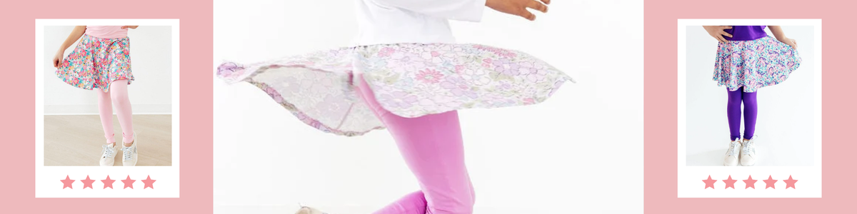 Girls wearing colorful floral and patterned twirl skeggings with comfortable leggings for active play.