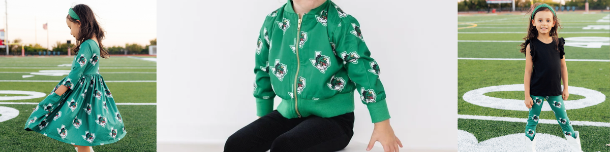 Young girl wearing Southlake Carroll Dragons green apparel featuring Texas-shaped dragon logos on a football field.