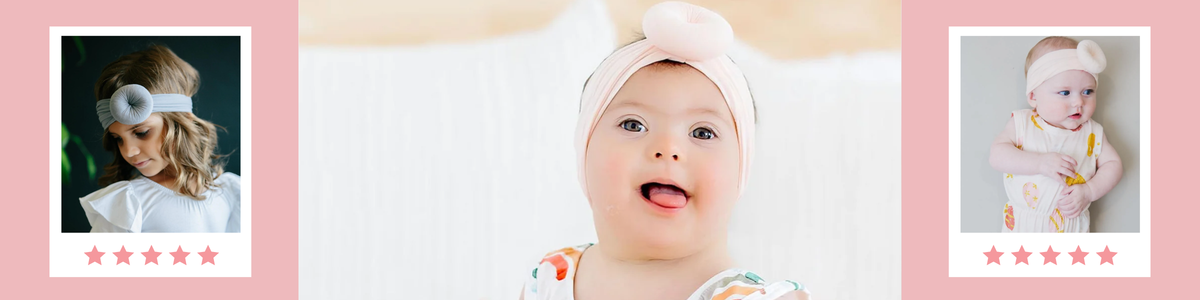Babies wearing soft, stretchy nylon turbans with a cute top knot detail in various pastel colors.