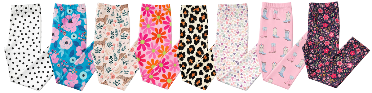 Assorted girls' leggings featuring vibrant floral, leopard, polka dot, heart, and cowboy boot patterns in various colors.