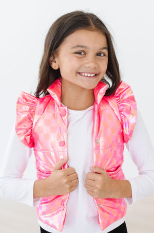 Neon Pink Checker Puffer Vest-Mila & Rose ®
