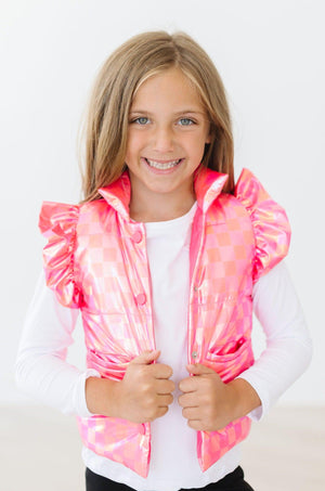 Neon Pink Checker Puffer Vest-Mila & Rose ®