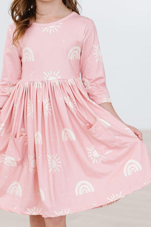 Soft Pink Suns 3/4 Sleeve Pocket Twirl Dress-Mila & Rose ®