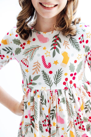 (S) Holly Jolly Christmas 3/4 Sleeve Pocket Twirl Dress-Mila & Rose ®