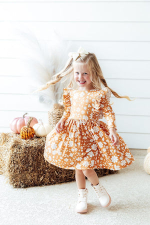 Golden Blooms 3/4 Sleeve Ruffle Twirl Dress-Mila & Rose ®