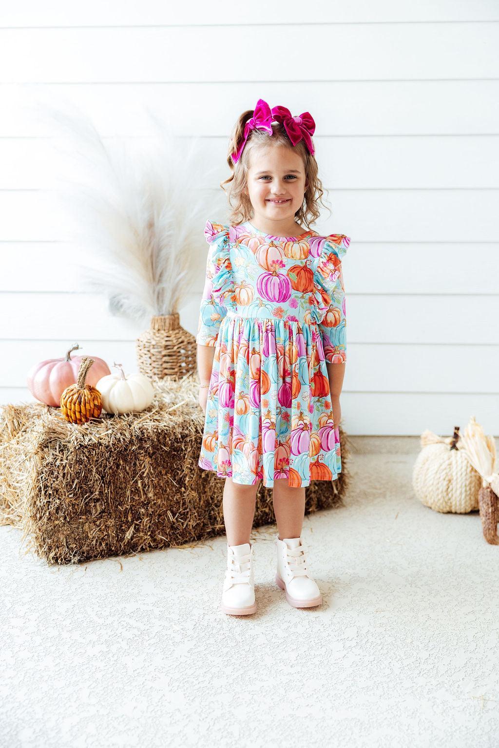 Preppy Pumpkins 3/4 Sleeve Ruffle Twirl Dress-Mila & Rose ®