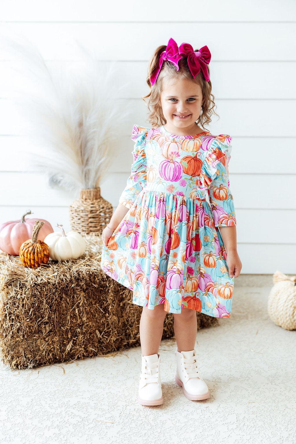 Preppy Pumpkins 3/4 Sleeve Ruffle Twirl Dress-Mila & Rose ®