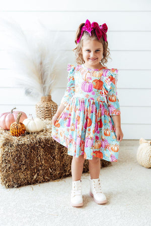Preppy Pumpkins 3/4 Sleeve Ruffle Twirl Dress-Mila & Rose ®