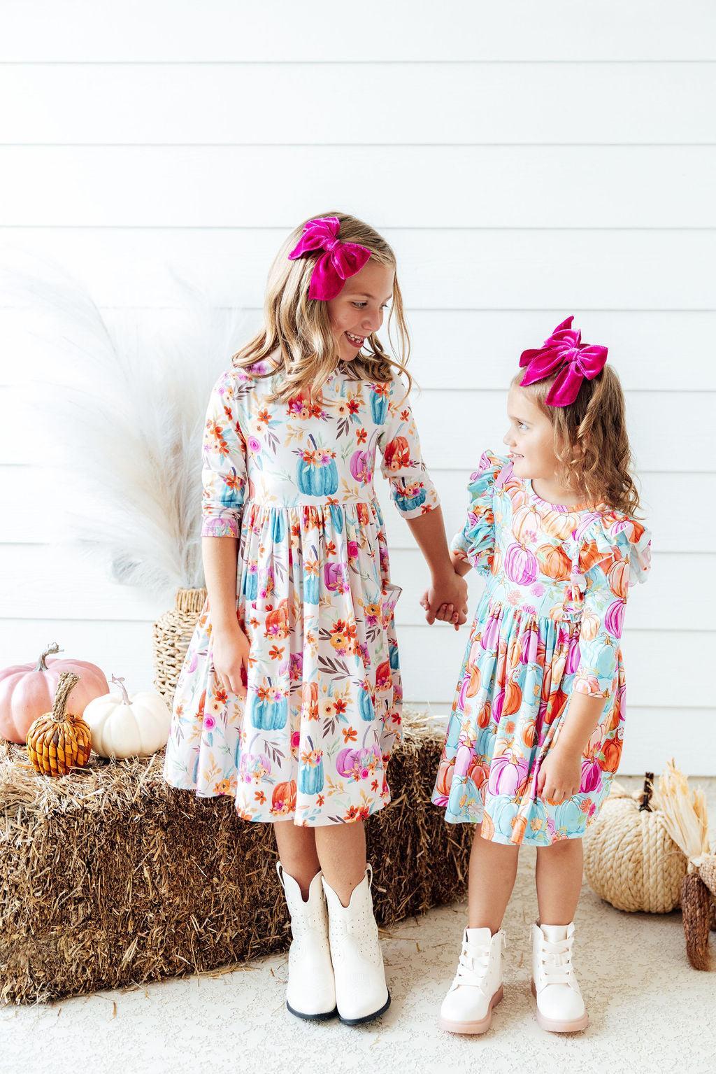 Preppy Pumpkins 3/4 Sleeve Ruffle Twirl Dress-Mila & Rose ®