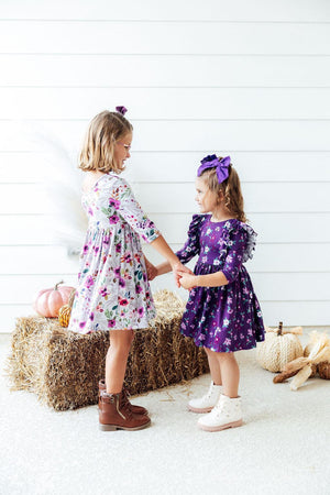 Violets in Bloom 3/4 Sleeve Ruffle Twirl Dress-Mila & Rose ®