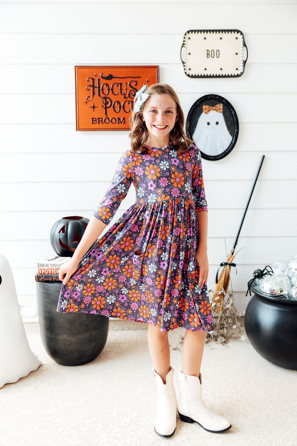 Haunted Garden 3/4 Sleeve Pocket Twirl Dress-Mila & Rose ®