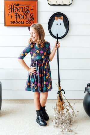 Skeleton Web 3/4 Sleeve Pocket Twirl Dress-Mila & Rose ®