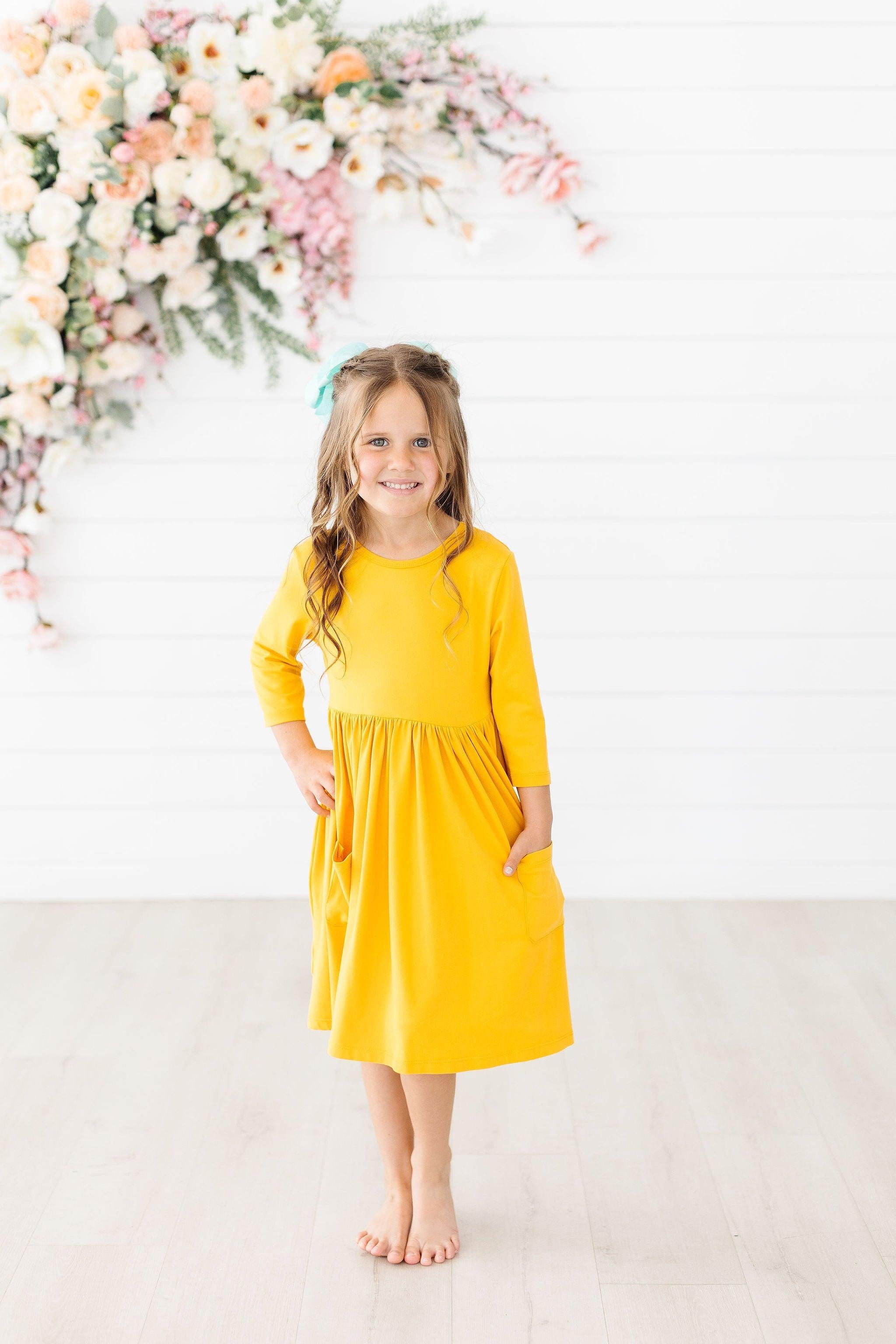 Mustard 3/4 Sleeve Pocket Twirl Dress-Mila & Rose ®