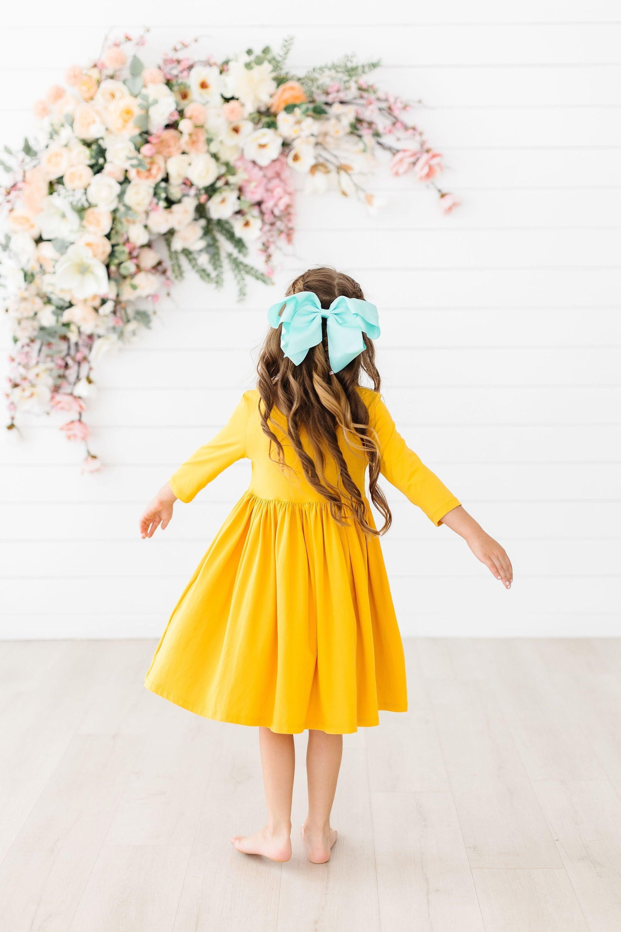 Mustard 3/4 Sleeve Pocket Twirl Dress-Mila & Rose ®