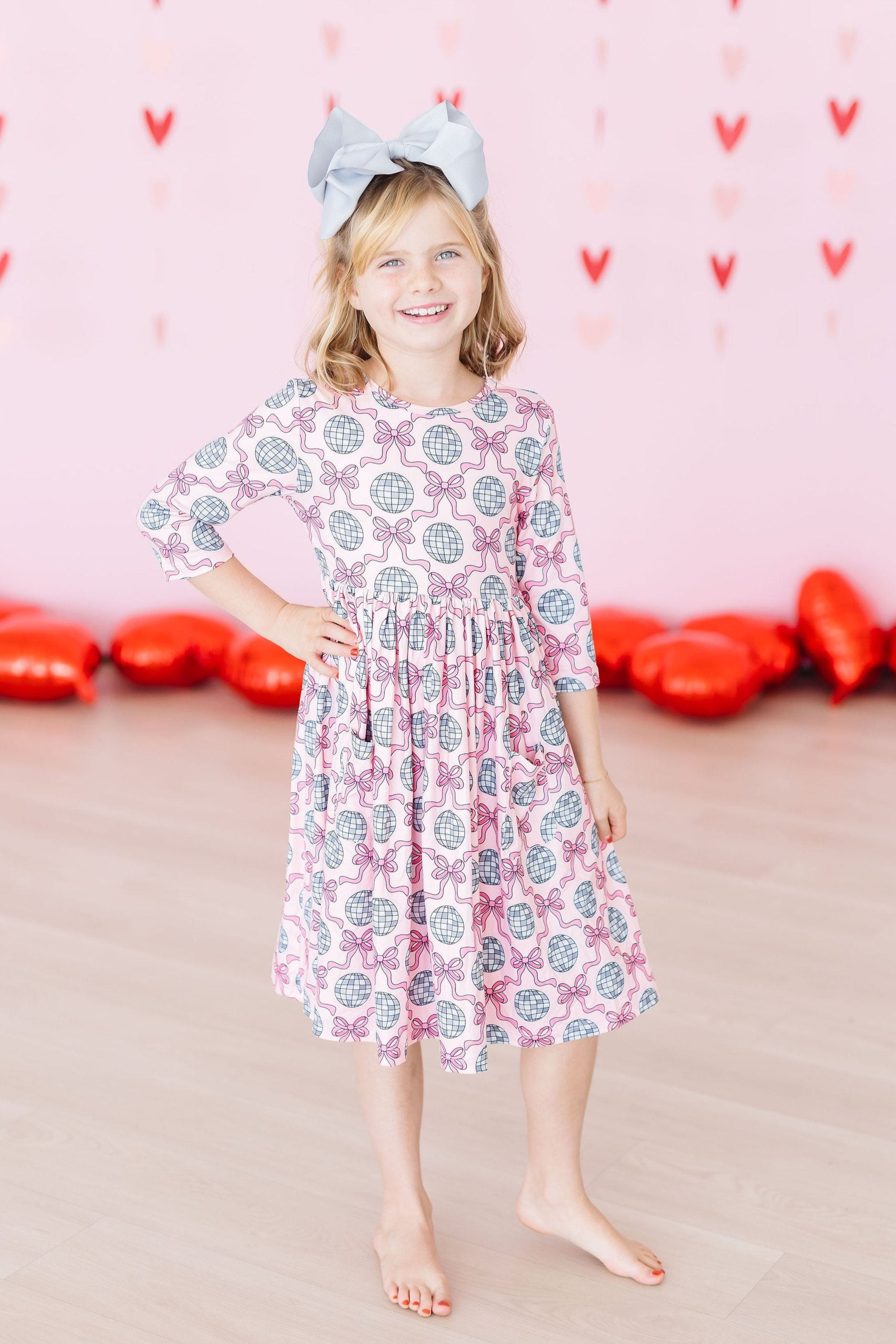 Disco Bows 3/4 Sleeve Pocket Twirl Dress-Mila & Rose ®