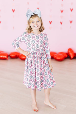 Disco Bows 3/4 Sleeve Pocket Twirl Dress-Mila & Rose ®