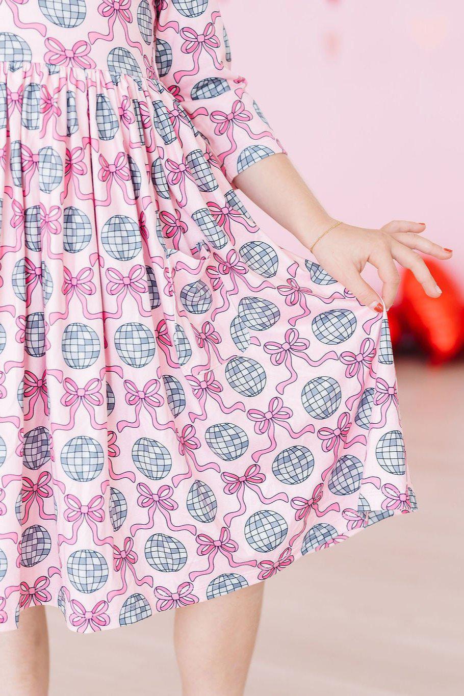Disco Bows 3/4 Sleeve Pocket Twirl Dress-Mila & Rose ®