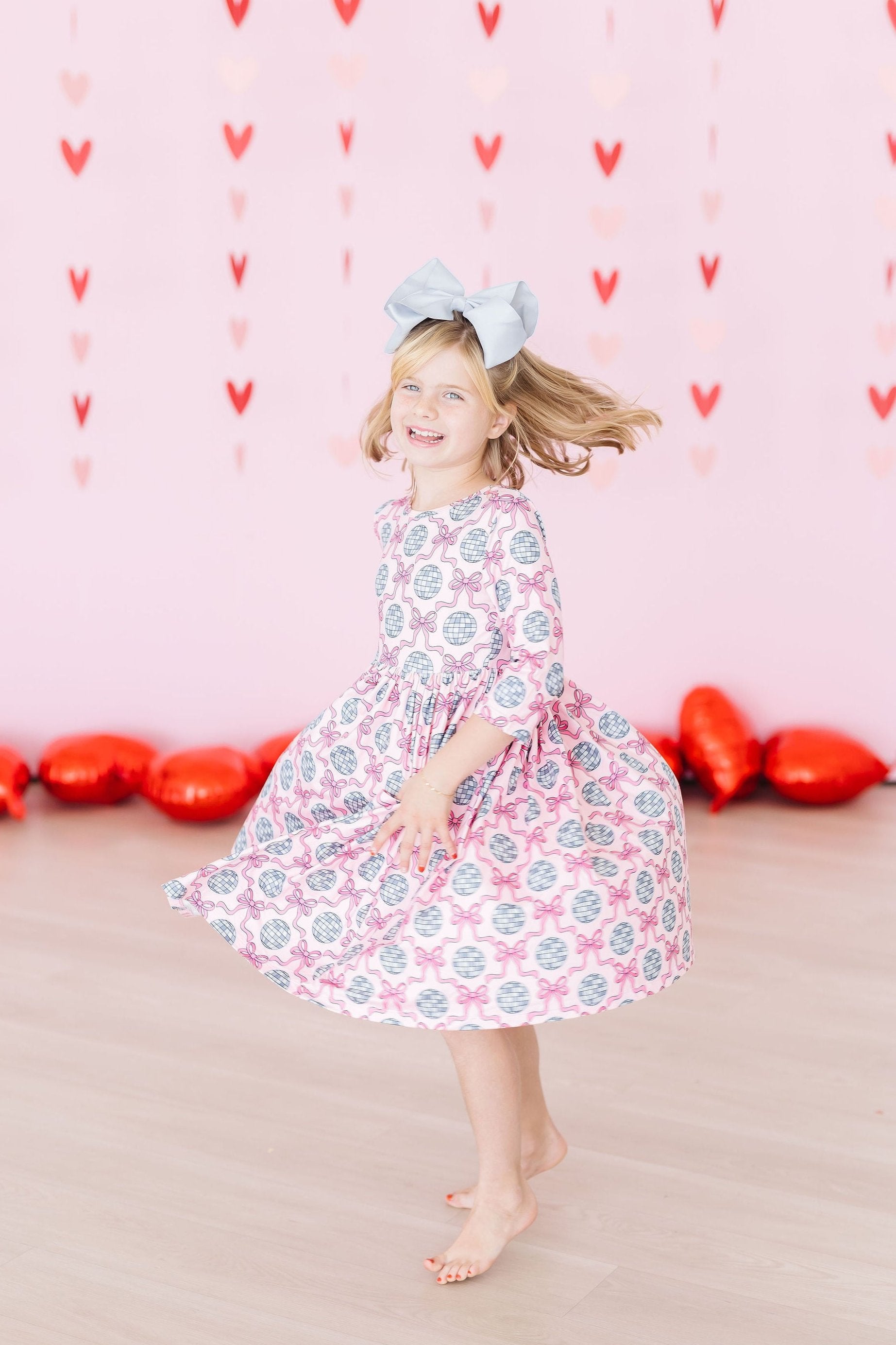 Disco Bows 3/4 Sleeve Pocket Twirl Dress-Mila & Rose ®