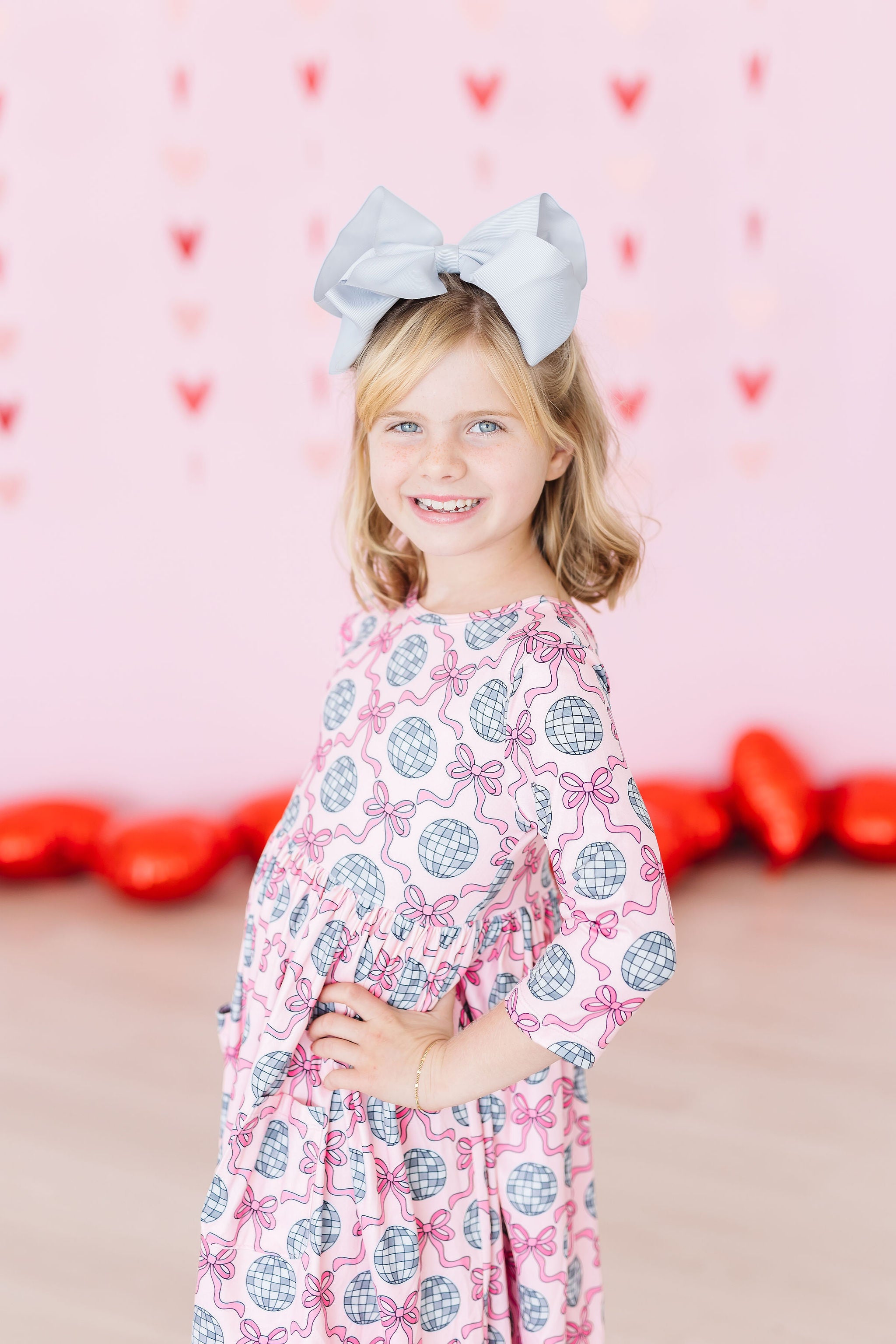 Disco Bows 3/4 Sleeve Pocket Twirl Dress-Mila & Rose ®