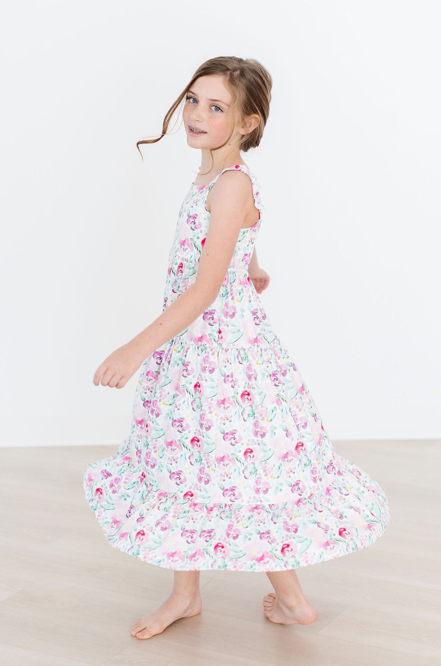 Summer Watercolor Floral Ruffle Maxi Dress