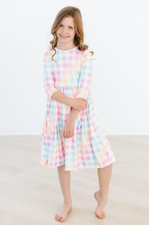 Pastel Plaid 3/4 Sleeve Pocket Twirl Dress-Mila & Rose ®