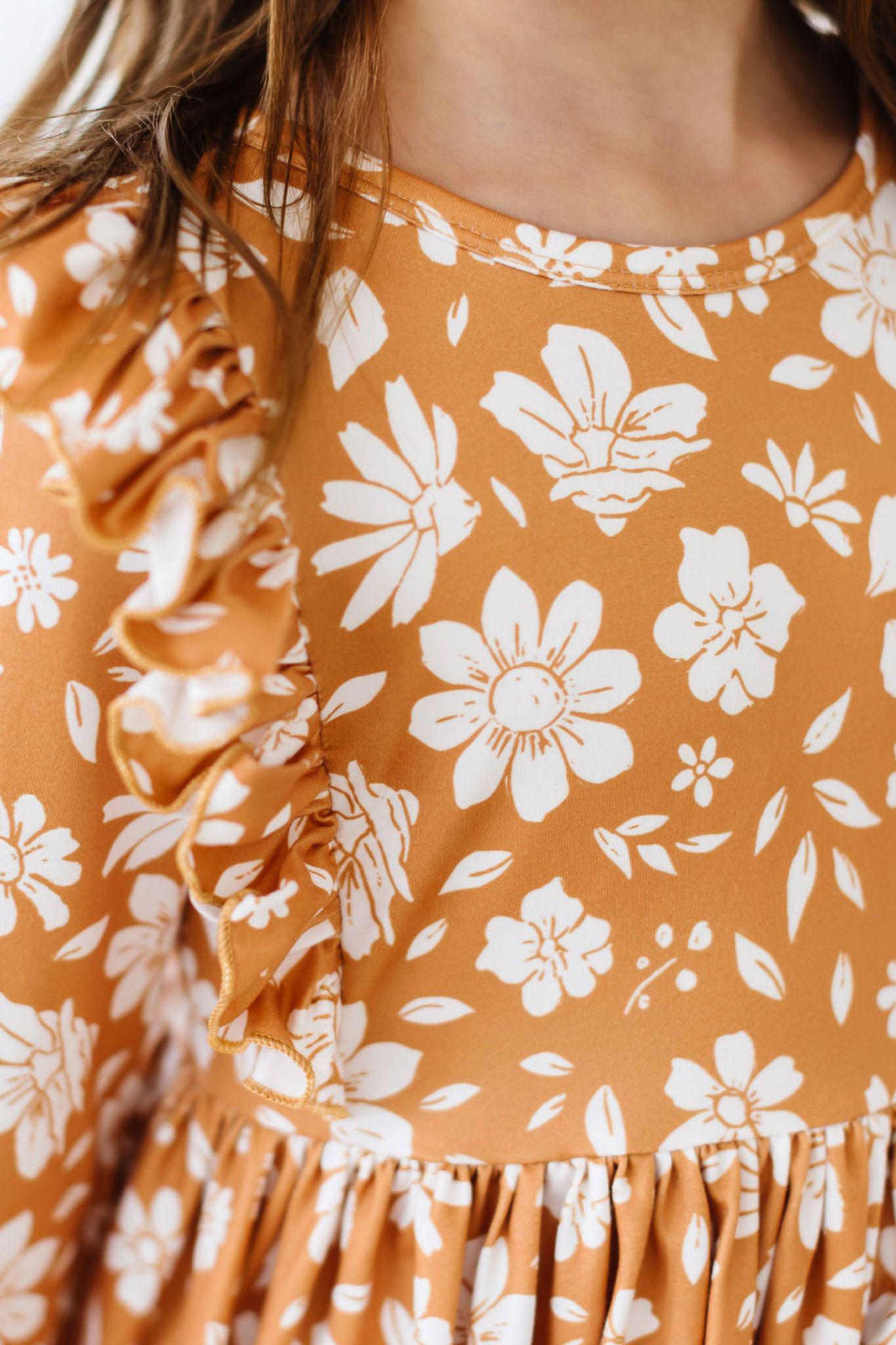 Golden Blooms 3/4 Sleeve Ruffle Twirl Dress-Mila & Rose ®