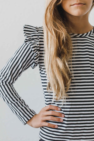 Black & White Stripe L/S Ruffle Tee-Mila & Rose ®